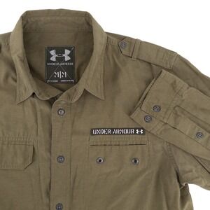 Under Armour Mens M Platoon Long Sleeve Button Up Shirt Army Green Epaulets Logo